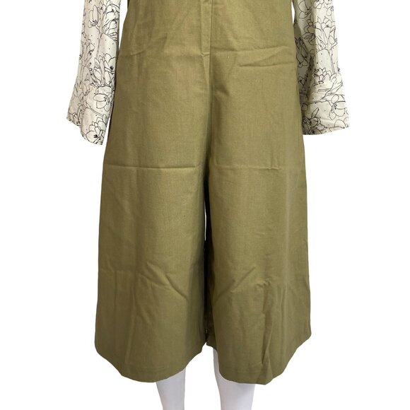 Mod Ref Sage Green Linen Jumpsuit Crop Wide Leg Overalls Womens Relaxed Fit - Picture 3 of 11